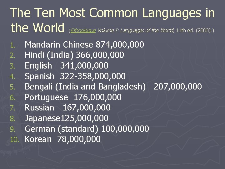 The Ten Most Common Languages in the World Ethnologue Volume I: Languages of the