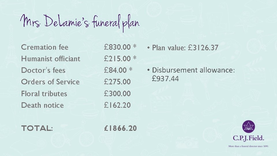 Mrs De. Lamie’s funeral plan Cremation fee Humanist officiant Doctor’s fees Orders of Service