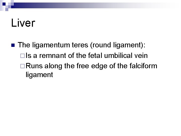 Liver n The ligamentum teres (round ligament): ¨ Is a remnant of the fetal