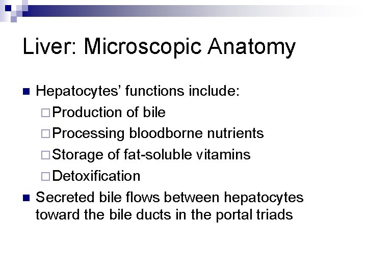 Liver: Microscopic Anatomy n n Hepatocytes’ functions include: ¨ Production of bile ¨ Processing