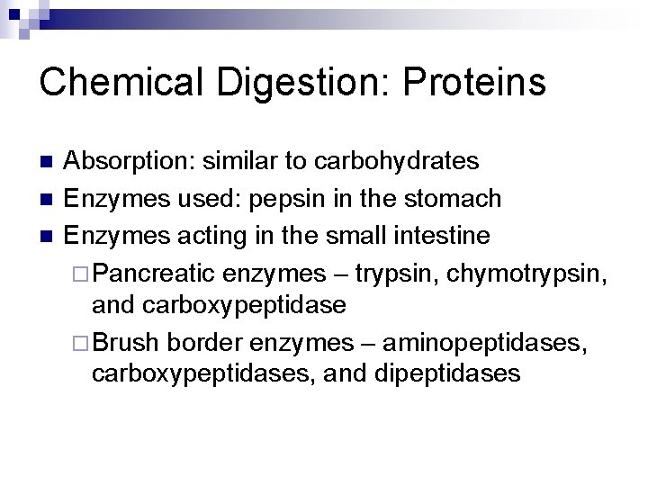 Chemical Digestion: Proteins n n n Absorption: similar to carbohydrates Enzymes used: pepsin in