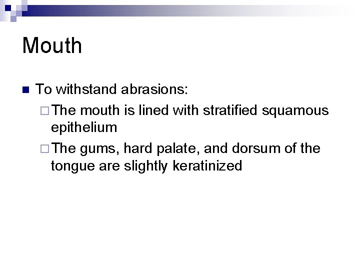 Mouth n To withstand abrasions: ¨ The mouth is lined with stratified squamous epithelium