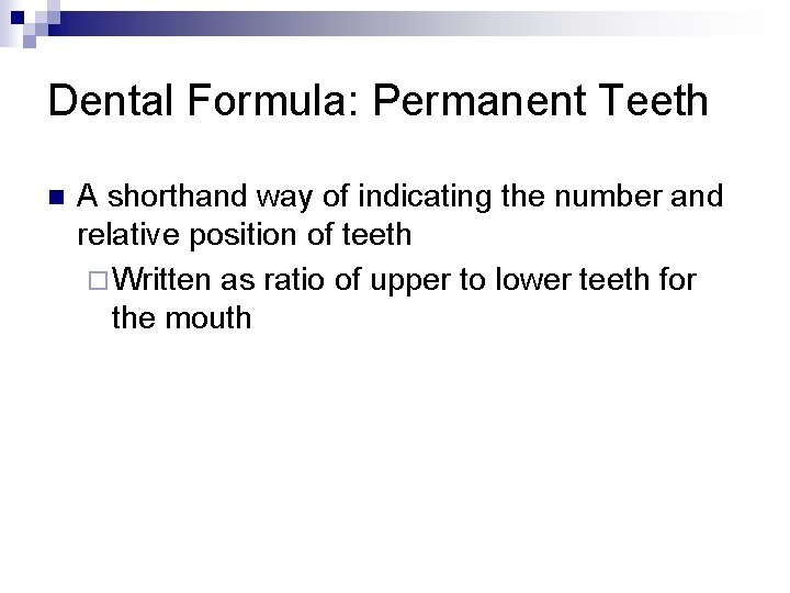 Dental Formula: Permanent Teeth n A shorthand way of indicating the number and relative