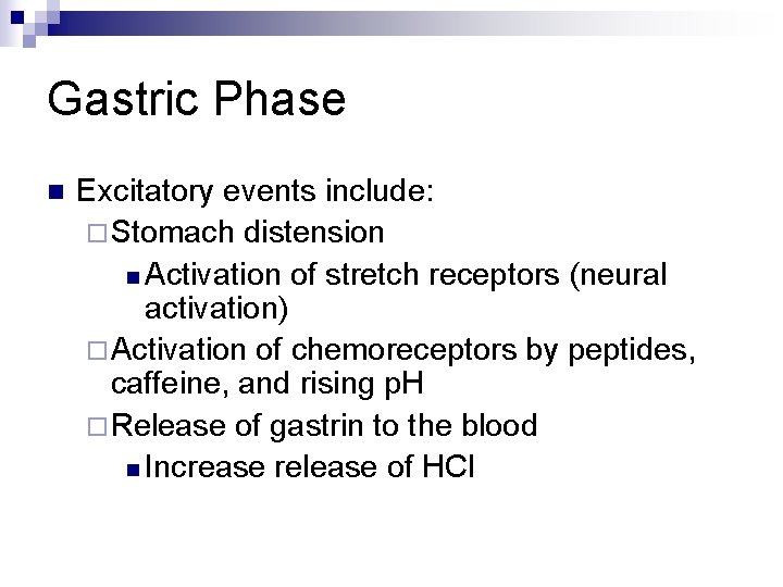 Gastric Phase n Excitatory events include: ¨ Stomach distension n Activation of stretch receptors