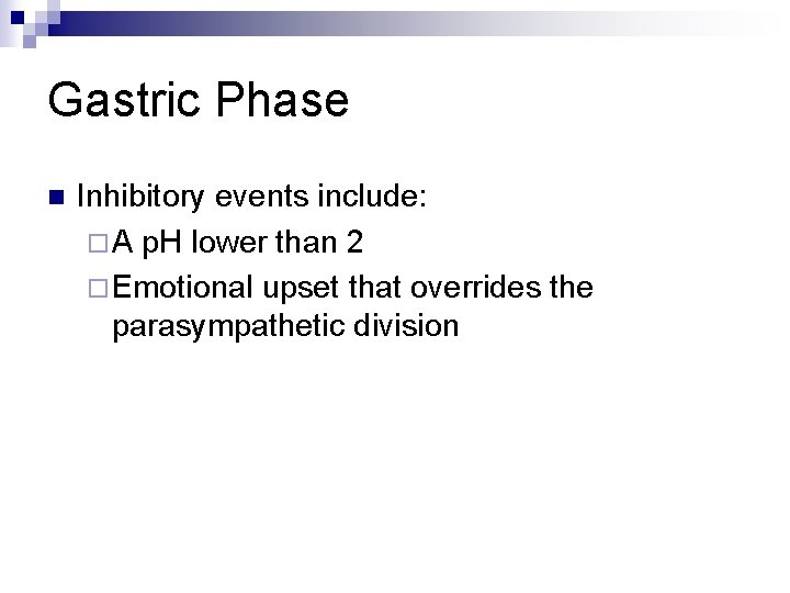 Gastric Phase n Inhibitory events include: ¨ A p. H lower than 2 ¨
