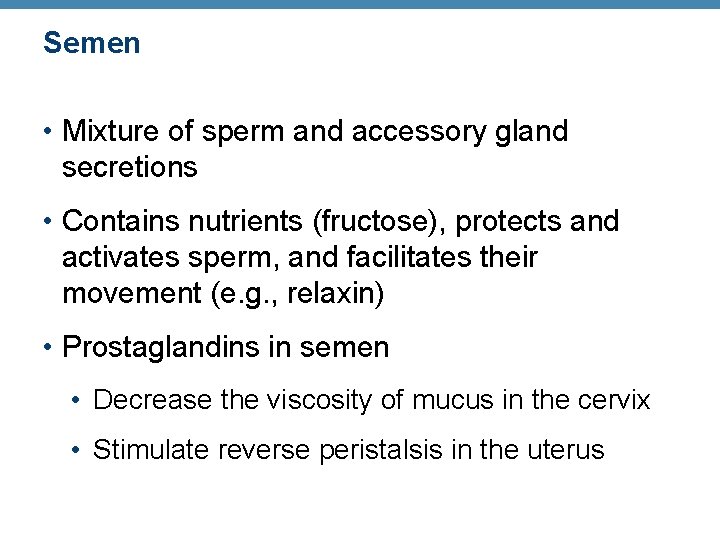Semen • Mixture of sperm and accessory gland secretions • Contains nutrients (fructose), protects