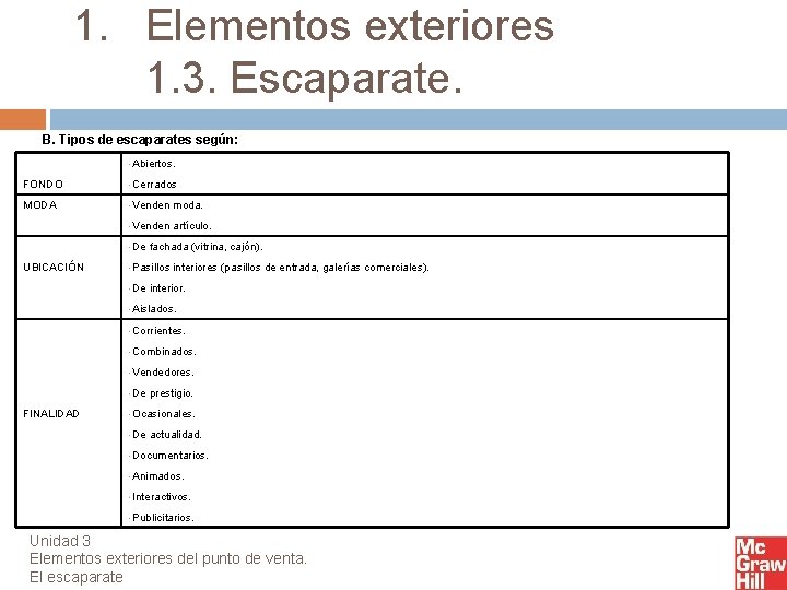 1. Elementos exteriores 1. 3. Escaparate. 6 B. Tipos de escaparates según: • Abiertos.