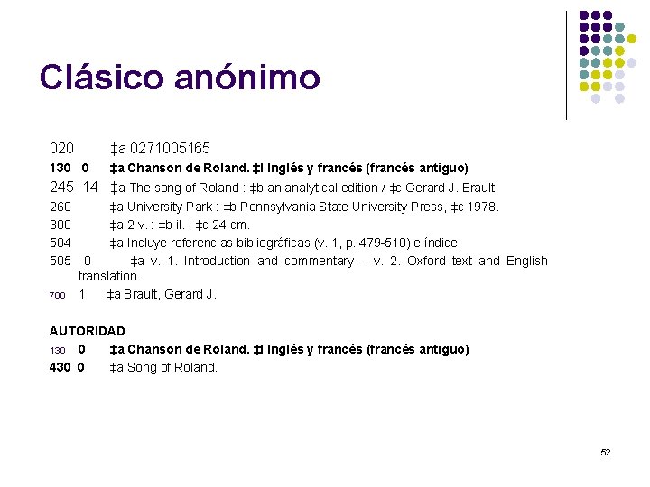 Clásico anónimo 020 ‡a 0271005165 130 0 ‡a Chanson de Roland. ‡l Inglés y