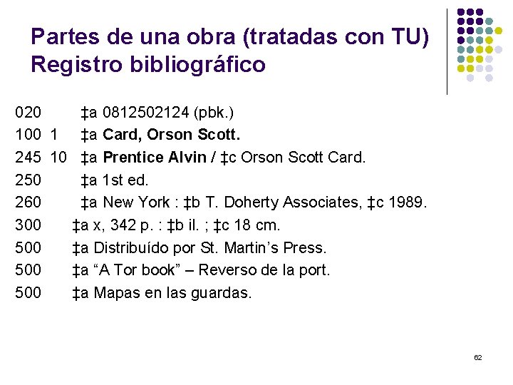 Partes de una obra (tratadas con TU) Registro bibliográfico 020 ‡a 0812502124 (pbk. )