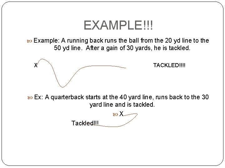 EXAMPLE!!! Example: A running back runs the ball from the 20 yd line to