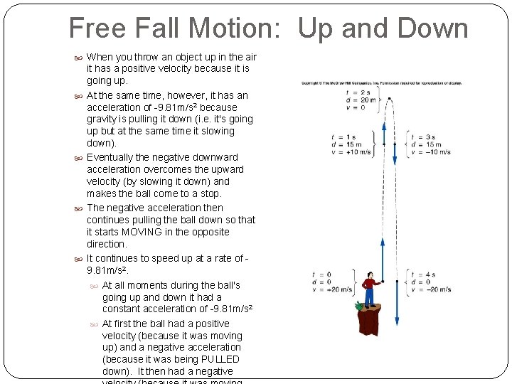  Free Fall Motion: Up and Down When you throw an object up in