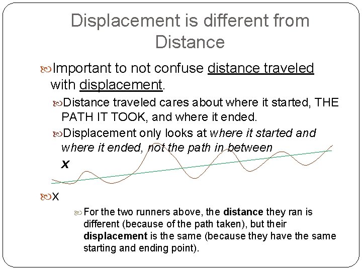 Displacement is different from Distance Important to not confuse distance traveled with displacement. Distance