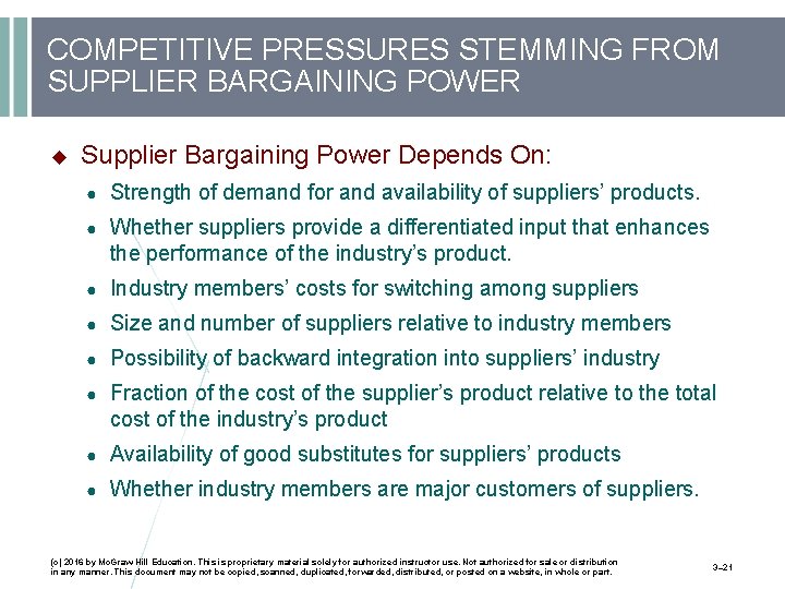 COMPETITIVE PRESSURES STEMMING FROM SUPPLIER BARGAINING POWER Supplier Bargaining Power Depends On: ● Strength