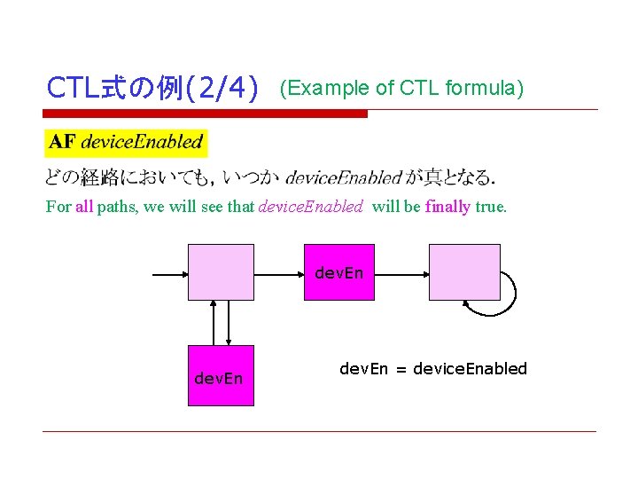 CTL式の例(2/4) (Example of CTL formula) For all paths, we will see that device. Enabled CTL式の例(2/4) (Example of CTL formula) For all paths, we will see that device. Enabled