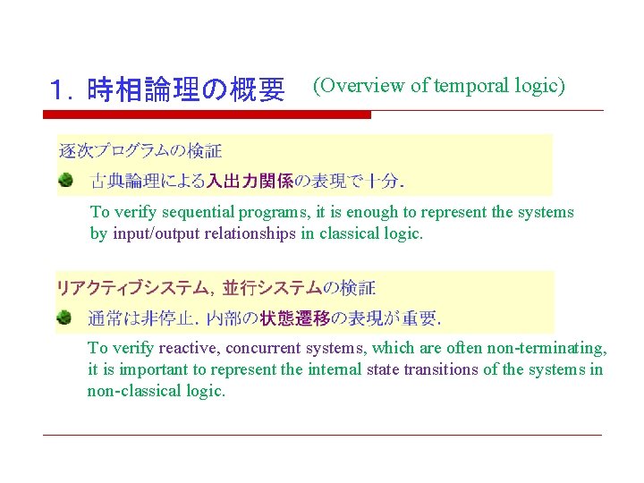 1.時相論理の概要 (Overview of temporal logic) To verify sequential programs, it is enough to represent 1.時相論理の概要 (Overview of temporal logic) To verify sequential programs, it is enough to represent