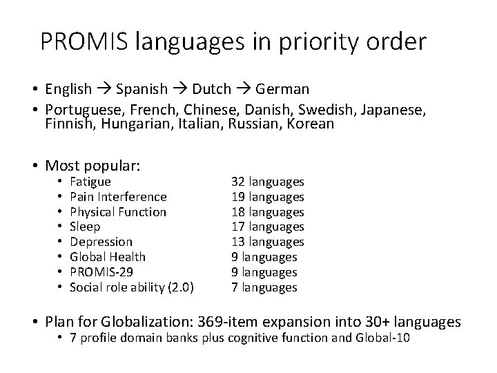 PROMIS languages in priority order • English Spanish Dutch German • Portuguese, French, Chinese,