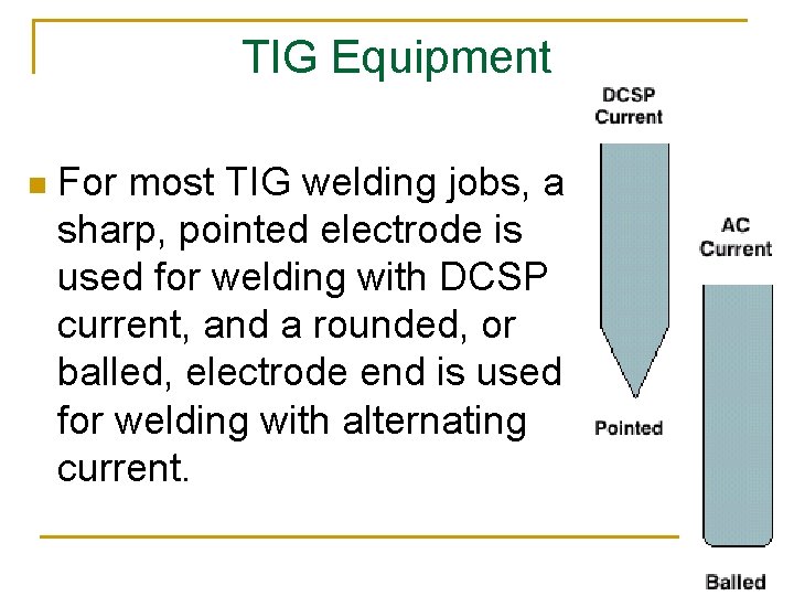 TIG Equipment n For most TIG welding jobs, a sharp, pointed electrode is used