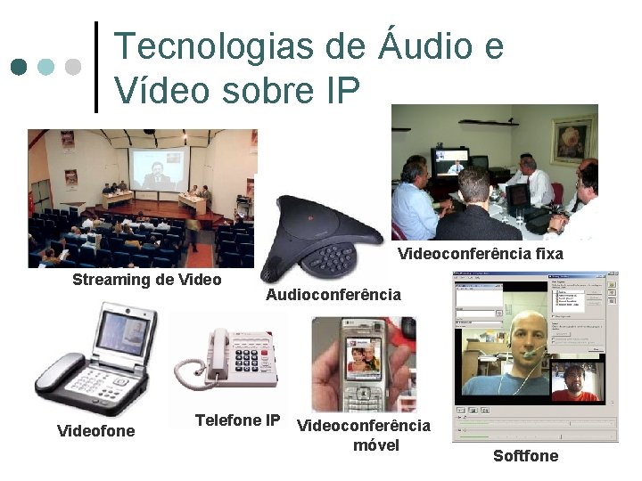 Tecnologias de Áudio e Vídeo sobre IP Videoconferência fixa Streaming de Videofone Audioconferência Telefone Tecnologias de Áudio e Vídeo sobre IP Videoconferência fixa Streaming de Videofone Audioconferência Telefone