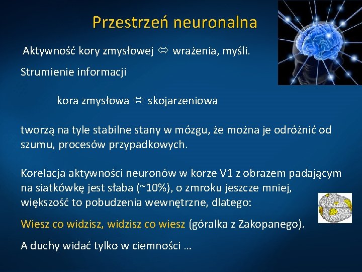 Przestrzeń neuronalna Aktywność kory zmysłowej wrażenia, myśli. Strumienie informacji kora zmysłowa skojarzeniowa tworzą na