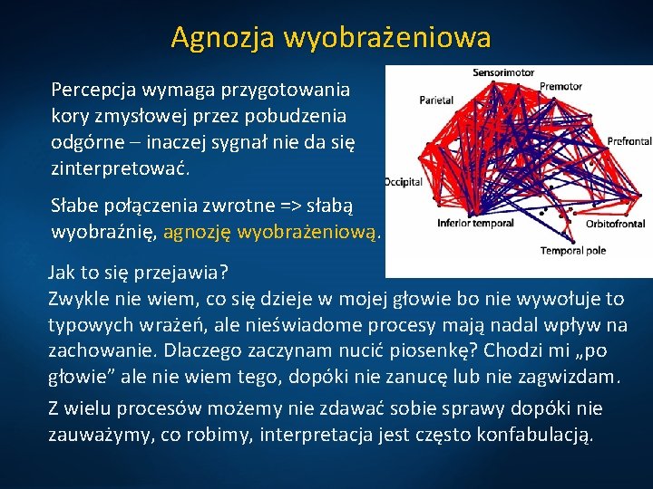 Agnozja wyobrażeniowa Percepcja wymaga przygotowania kory zmysłowej przez pobudzenia odgórne – inaczej sygnał nie