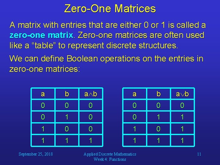 Zero-One Matrices A matrix with entries that are either 0 or 1 is called