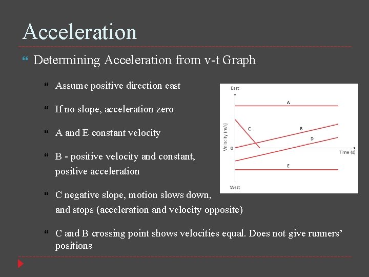 Acceleration Determining Acceleration from v-t Graph Assume positive direction east If no slope, acceleration