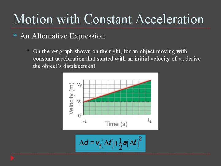 Motion with Constant Acceleration An Alternative Expression On the v-t graph shown on the