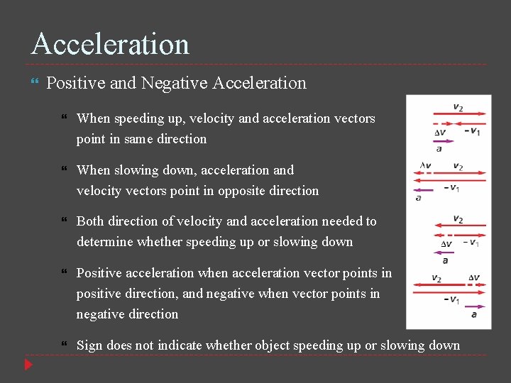 Acceleration Positive and Negative Acceleration When speeding up, velocity and acceleration vectors point in
