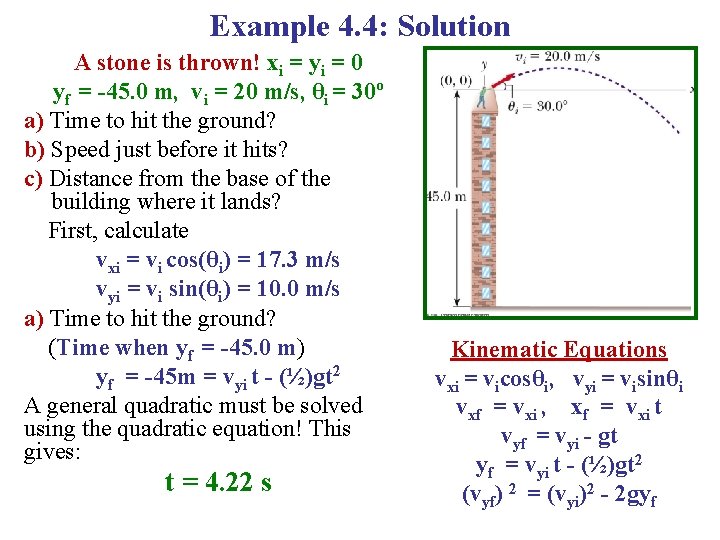 Example 4. 4: Solution A stone is thrown! xi = yi = 0 yf