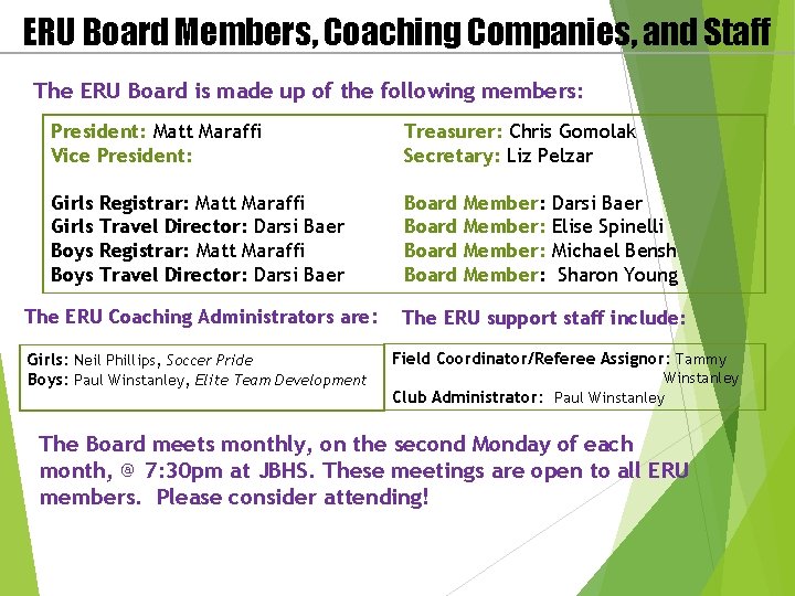 ERU Board Members, Coaching Companies, and Staff The ERU Board is made up of