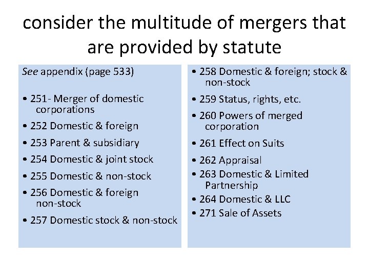 consider the multitude of mergers that are provided by statute See appendix (page 533) consider the multitude of mergers that are provided by statute See appendix (page 533)