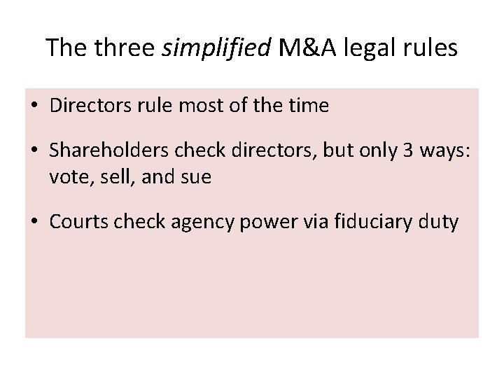The three simplified M&A legal rules • Directors rule most of the time • The three simplified M&A legal rules • Directors rule most of the time •