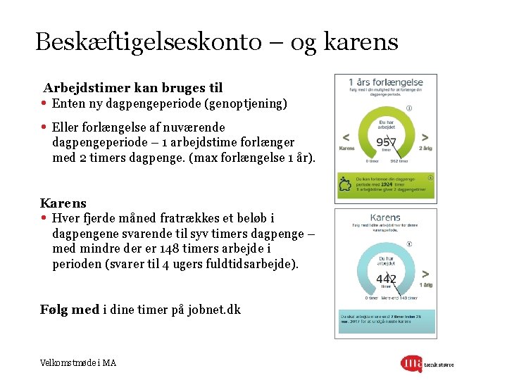 Beskæftigelseskonto – og karens Arbejdstimer kan bruges til • Enten ny dagpengeperiode (genoptjening) •