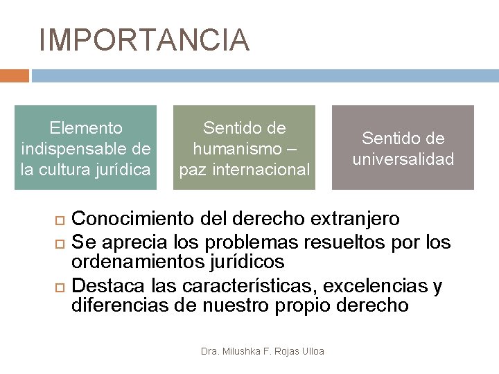 IMPORTANCIA Elemento indispensable de la cultura jurídica Sentido de humanismo – paz internacional Sentido