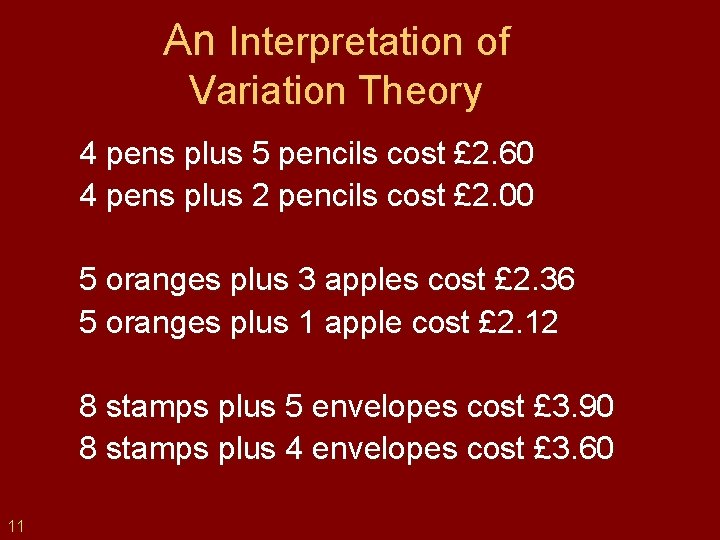 An Interpretation of Variation Theory 4 pens plus 5 pencils cost £ 2. 60