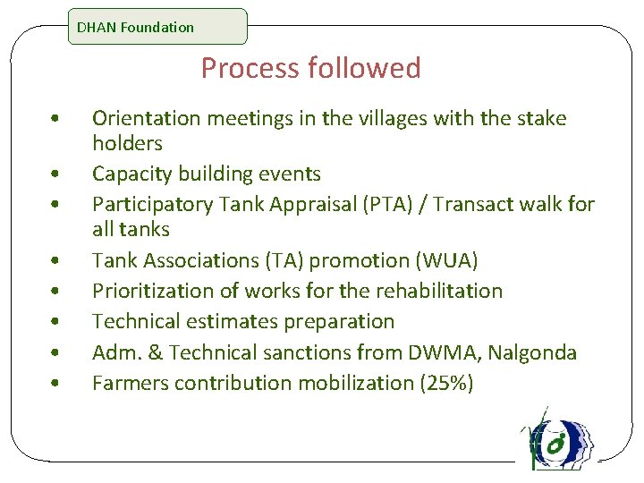 DHAN Foundation Process followed • • Orientation meetings in the villages with the stake