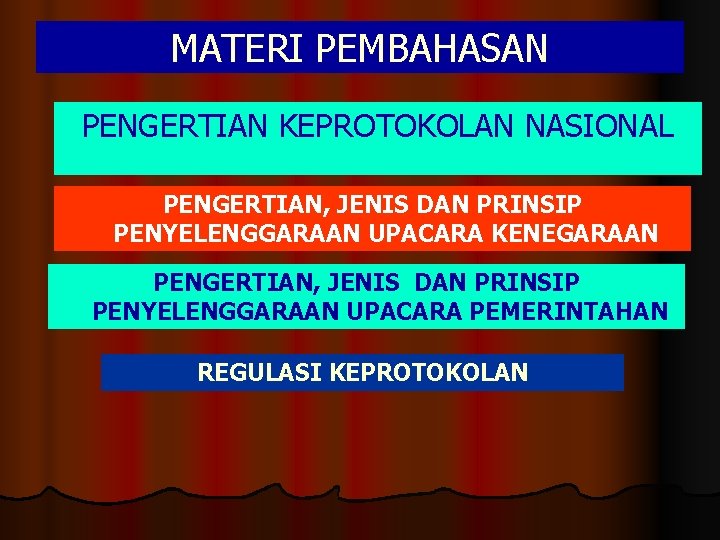 MATERI PEMBAHASAN PENGERTIAN KEPROTOKOLAN NASIONAL PENGERTIAN, JENIS DAN PRINSIP PENYELENGGARAAN UPACARA KENEGARAAN PENGERTIAN, JENIS