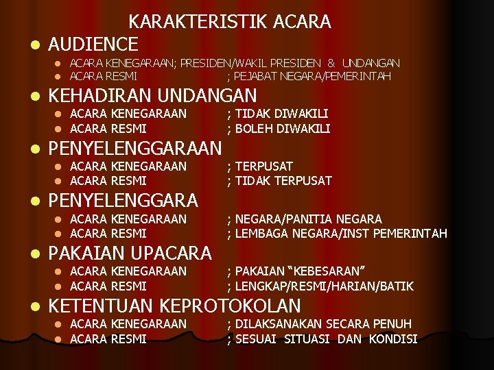 KARAKTERISTIK ACARA l AUDIENCE l l l KEHADIRAN UNDANGAN l l l ACARA KENEGARAAN KARAKTERISTIK ACARA l AUDIENCE l l l KEHADIRAN UNDANGAN l l l ACARA KENEGARAAN