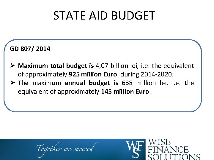 STATE AID BUDGET GD 807/ 2014 Ø Maximum total budget is 4, 07 billion