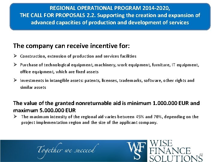 REGIONAL OPERATIONAL PROGRAM 2014 -2020, THE CALL FOR PROPOSALS 2. 2. Supporting the creation