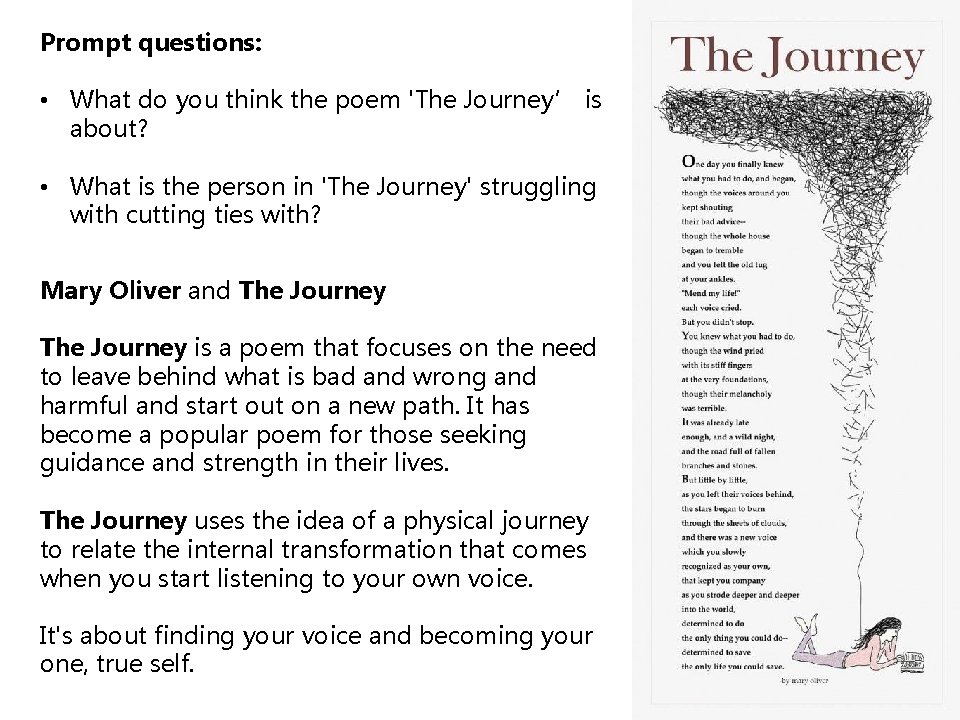 Prompt questions: • What do you think the poem 'The Journey’ is about? •