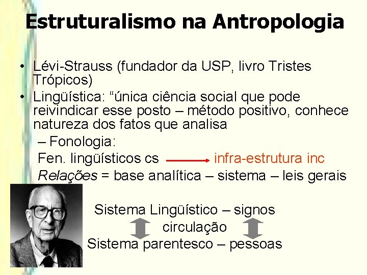 Estruturalismo na Antropologia • Lévi-Strauss (fundador da USP, livro Tristes Trópicos) • Lingüística: “única Estruturalismo na Antropologia • Lévi-Strauss (fundador da USP, livro Tristes Trópicos) • Lingüística: “única