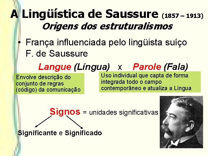 A Lingüística de Saussure (1857 – 1913) Origens dos estruturalismos • França influenciada pelo A Lingüística de Saussure (1857 – 1913) Origens dos estruturalismos • França influenciada pelo