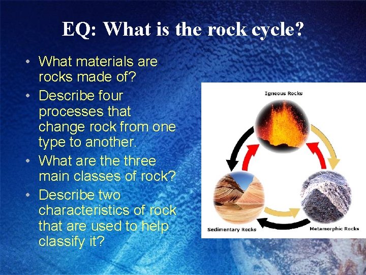 EQ: What is the rock cycle? • What materials are rocks made of? •