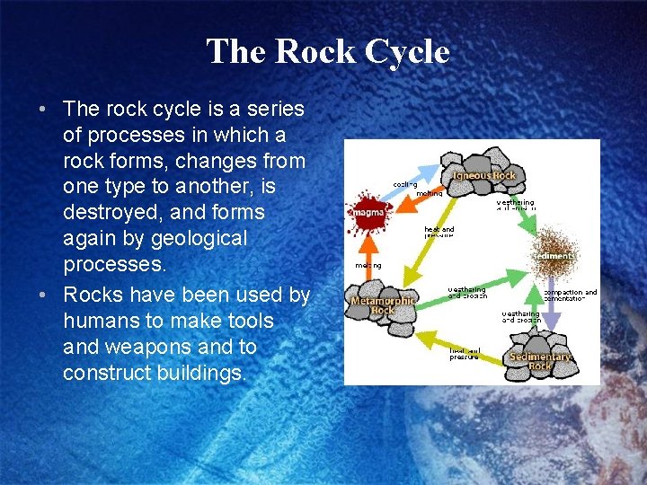 The Rock Cycle • The rock cycle is a series of processes in which