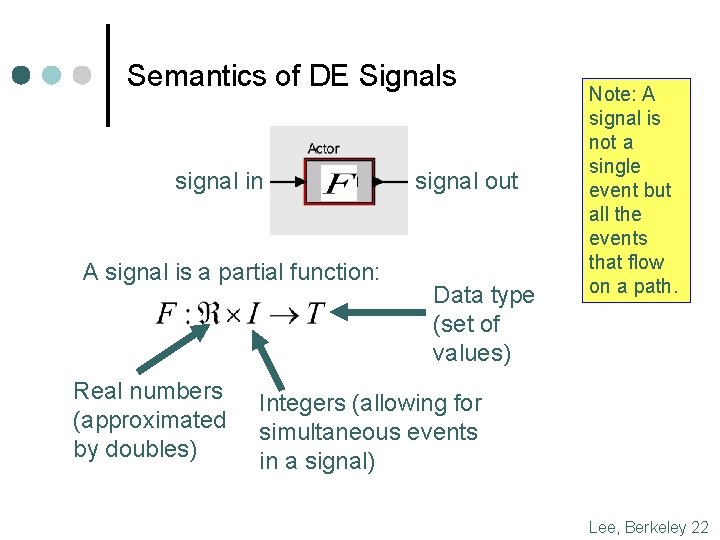 Semantics of DE Signals signal in A signal is a partial function: Real numbers