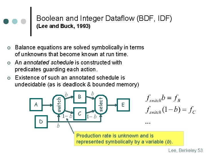 Boolean and Integer Dataflow (BDF, IDF) (Lee and Buck, 1993) ¢ A D b