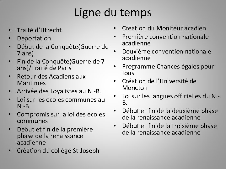 Ligne du temps • Traité d’Utrecht • Déportation • Début de la Conquête(Guerre de