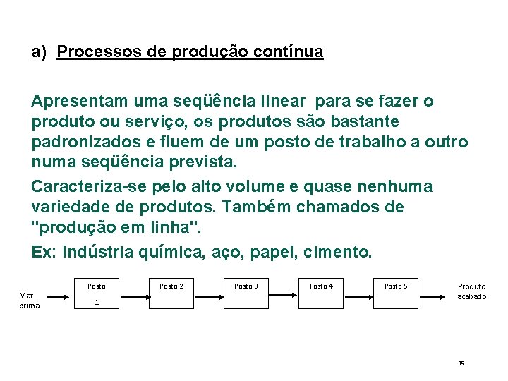 a) Processos de produção contínua Apresentam uma seqüência linear para se fazer o produto