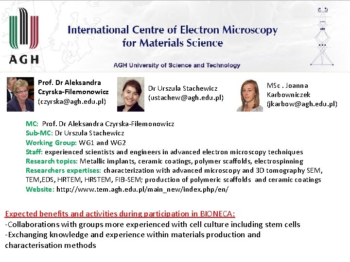 Prof. Dr Aleksandra Czyrska-Filemonowicz (czyrska@agh. edu. pl) Dr Urszula Stachewicz (ustachew@agh. edu. pl) MSc. Prof. Dr Aleksandra Czyrska-Filemonowicz (czyrska@agh. edu. pl) Dr Urszula Stachewicz (ustachew@agh. edu. pl) MSc.